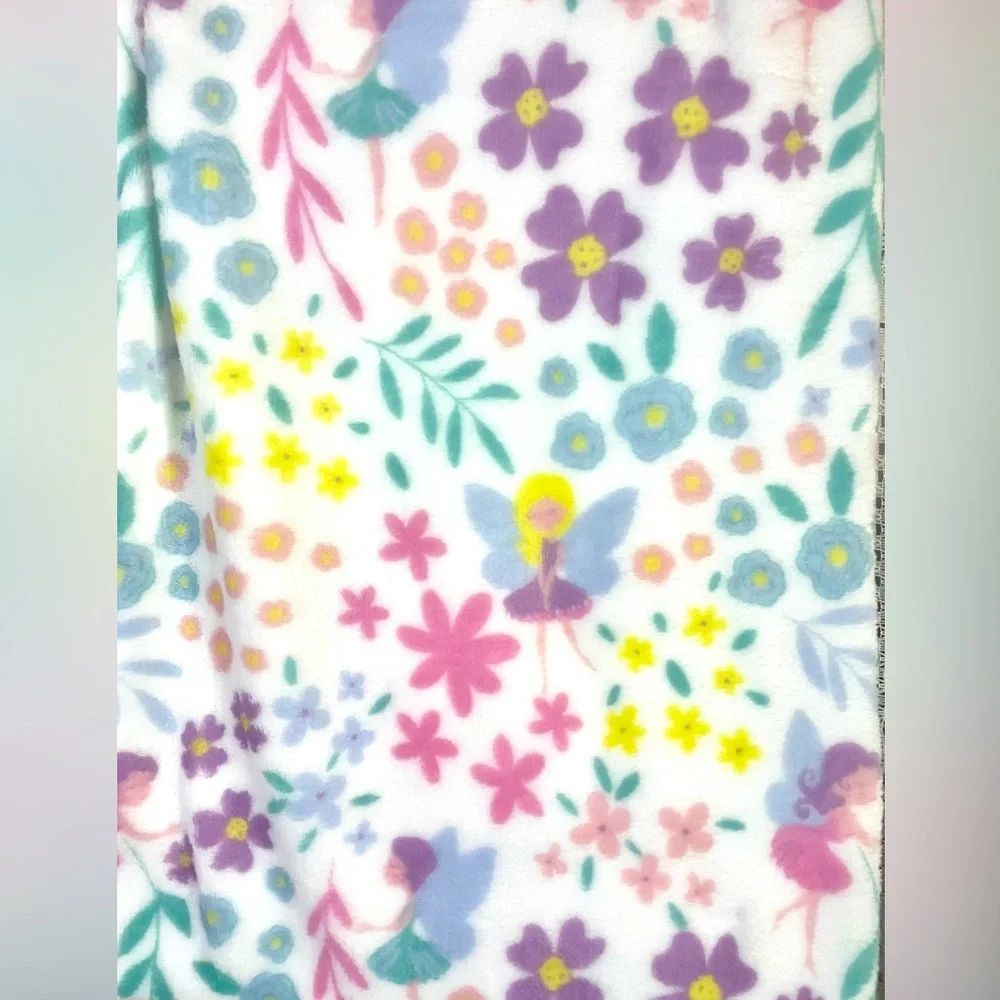 Fairies & Flowers White w/Multi-Color Plush Throw Blanket 50x60 Fairy Floral NWT